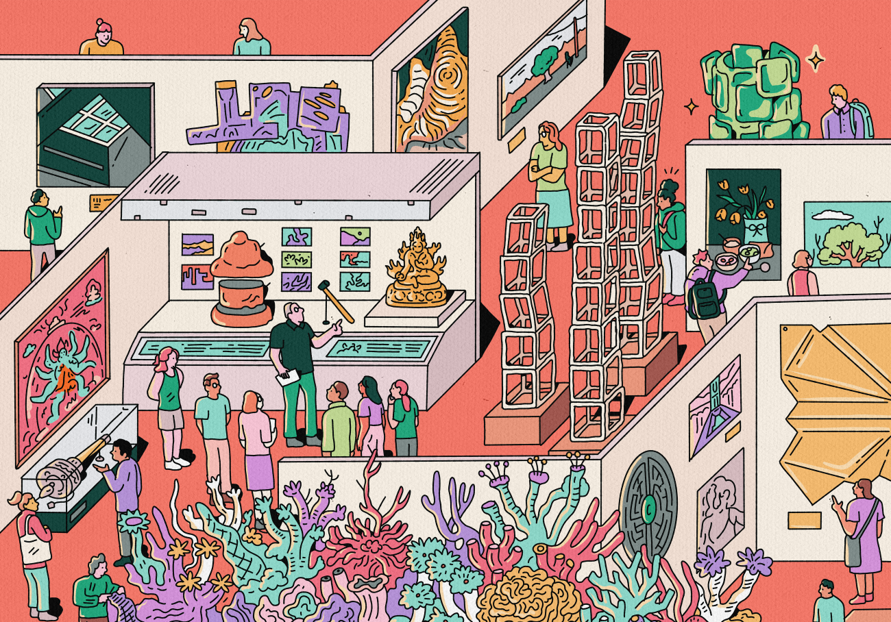 A vibrant, colorful isometric illustration of a bustling art museum. The illustration uses a clean, line-art style with a playful color palette of coral-pink, teal, and soft oranges.